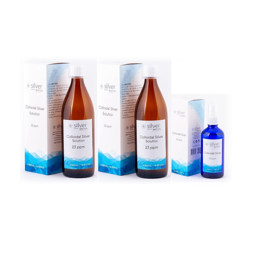 silverBIOTICS 23ppm Kolloidal Gümüş Suyu 1000ml + 23ppm 100ml Sprey HydraSense Kolloidal Gümüş Suyu